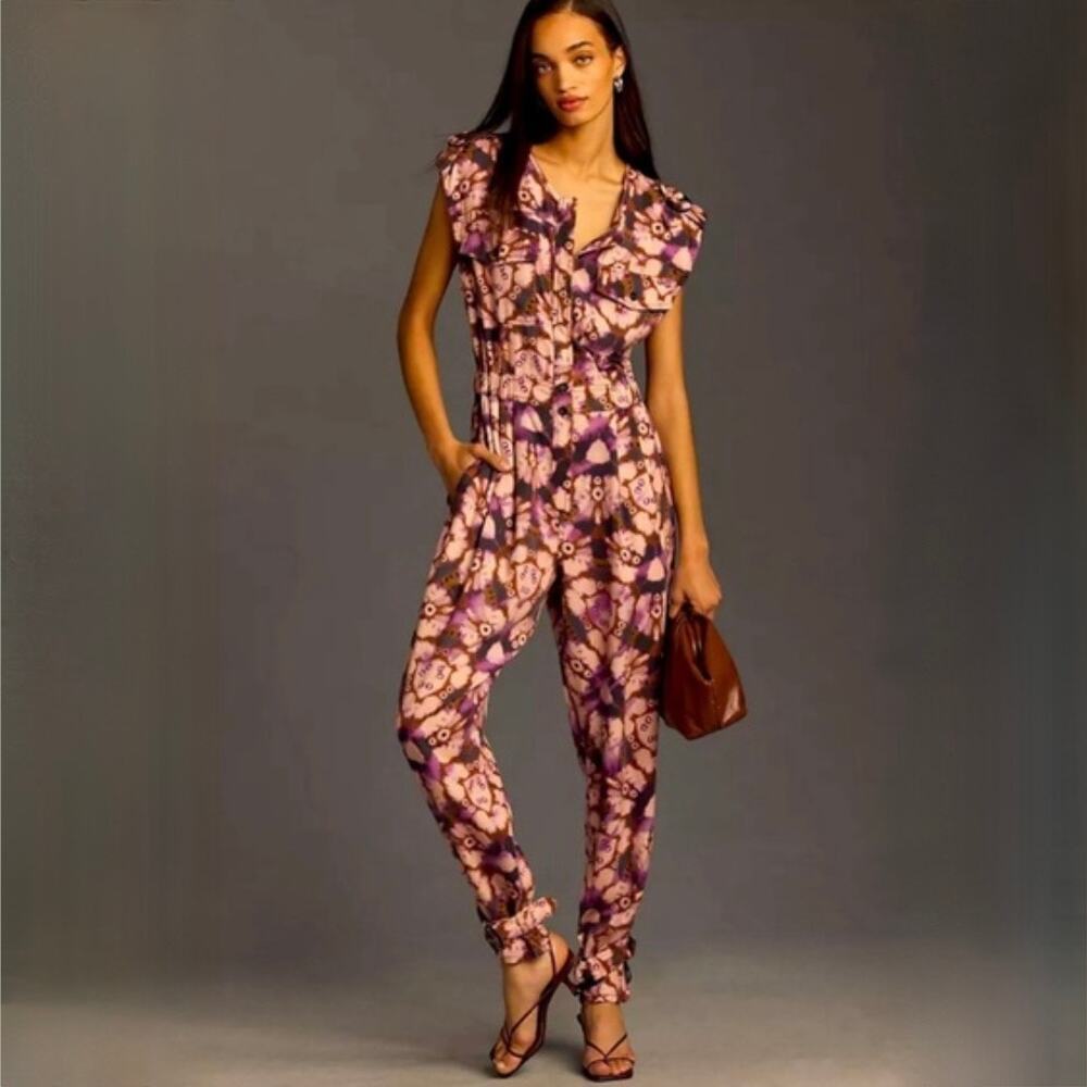 Anthropologie Sleeveless Back Cutout Purple Pink Printed Jumpsuit - Size S